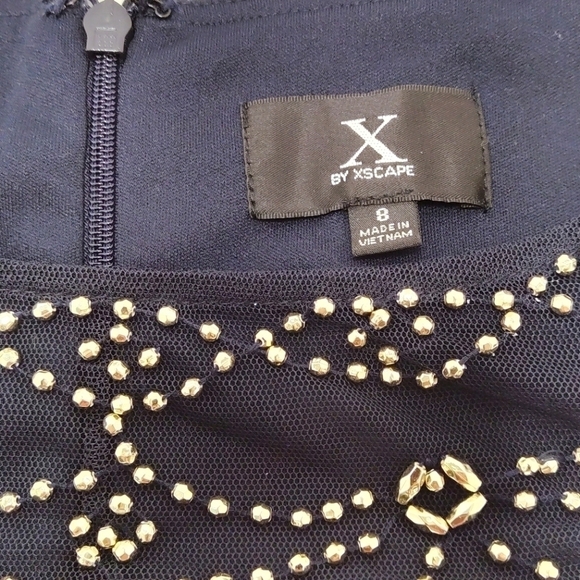 Navy Blue Cocktail Dress with Beaded Illusion Neckline – Elegant Party or Formal - Picture 3 of 6